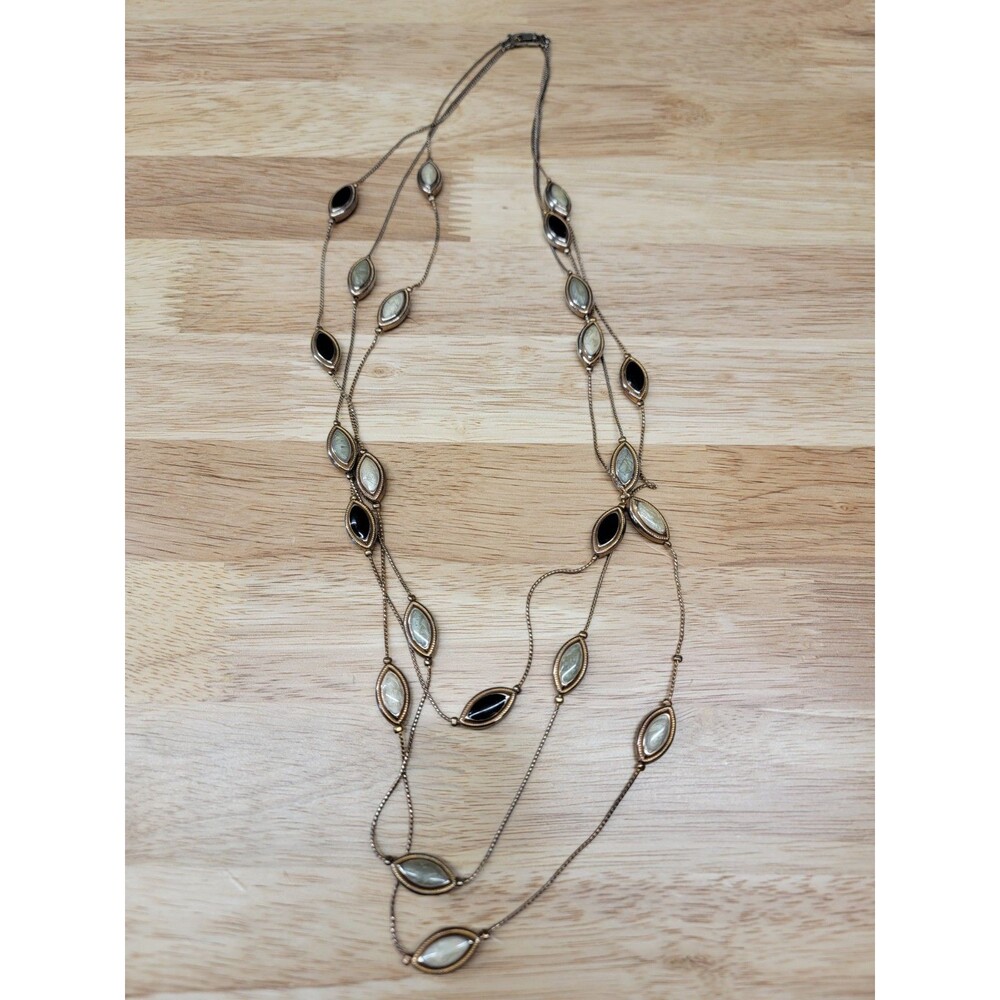 Vintage Three Stand Necklace Long Golden Chain with Enamel Beads